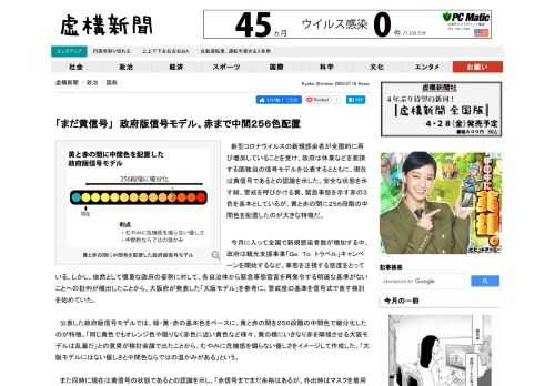 　新型コロナウイルスの新規感染者が全国的に再び増加していることを受け、政府は休業などを要請する国独自の信号モデルを公表するとともに、現在は黄信号であるとの認識を示した。安全な状態を示す緑、警戒を呼びかける黄、緊急事態を示す赤の３色を基本としているが、黄と赤の間に２５６段階の中間色を配置したのが大きな特徴だ。...