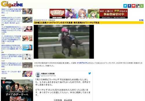 1993年の菊花賞や1994年の天皇賞(春)を勝ち、三冠馬・ナリタブライアンの兄としても知られたビワハヤヒデが、2020年7月21日未明に老衰のため亡くなりました。30歳でした。