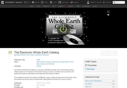 The Electronic Whole Earth Catalog is a very early CD-ROM presentation of The Whole Earth Catalog. Utilising HyperCard, The Electronic Whole Earth Catalog...