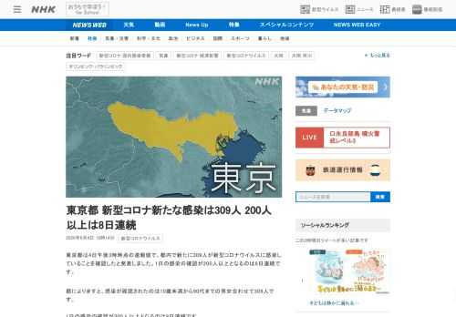 【NHK】東京都は4日午後3時時点の速報値で、都内で新たに309人が新型コロナウイルスに感染していることを確認したと発表しました。…