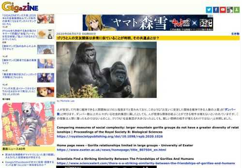 人が安定して円滑に維持できる人間関係は150人程度までと言われており、このような「お互いに安定した関係を維持できる人数の上限」を「ダンバー数」と呼びます。ダンバー数以上の人々がいる社会的集団に属したとしても、人が密接な関係を結ぶことができる相手は増えないといわれていますが、この現象は人間に限ったものではないとのこと。ゴリラも「社会集団が大きくなったとしても、親しい間柄の相手が増えるわけではない」と判明しました。