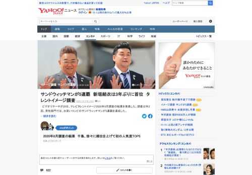 ビデオリサーチが29日、テレビタレントイメージ2020年8月調査の結果を発表した。男性部門では、お笑いコンビのサンドウィッチマンが5連覇を達成した。