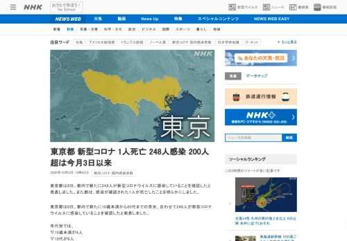 【NHK】東京都は8日、都内で新たに248人が新型コロナウイルスに感染していることを確認したと発表しました。また都は、感染が確認さ…