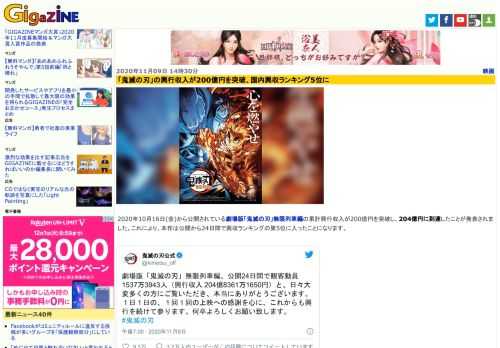 2020年10月16日(金)から公開されている劇場版「鬼滅の刃」無限列車編の累計興行収入が200億円を突破し、204億円に到達したことが発表されました。これにより、本作は公開から24日間で興収ランキングの第5位に入ったことになります。