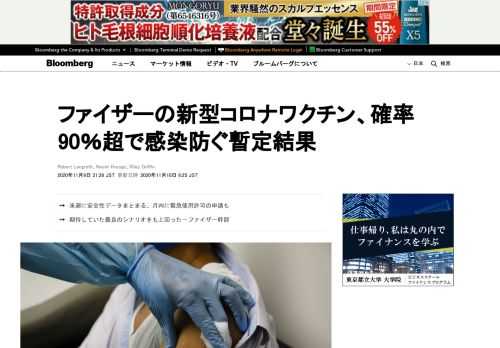 米ファイザーがドイツのビオンテックと開発している新型コロナウイルスワクチン候補は、数万人が参加した治験で90％を超える確率で感染を防いだ。暫定結果が示した。