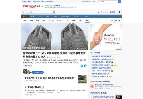 東京都によると、24日に都が確認した新型コロナウイルスの感染者は186人だった。重症の患者は前の日から10人増え51人となり、緊急事態宣言が解除されてから最多となった。