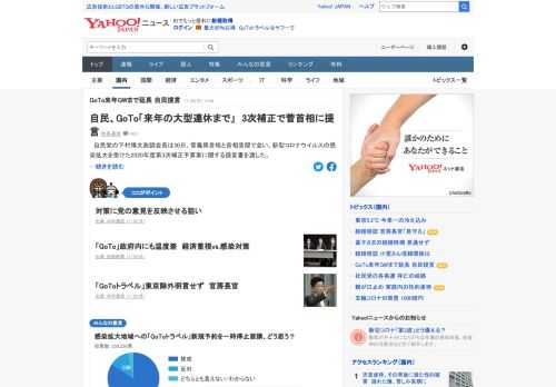 自民党の下村政調会長は、菅首相に新型コロナウイルスの感染拡大を受けた2020年度第3次補正予算案に関する提言書を渡した。来年1月までの観光需要喚起策「Go To トラベル」について「ゴールデンウイーク直後ごろまで」の延長を求めた。