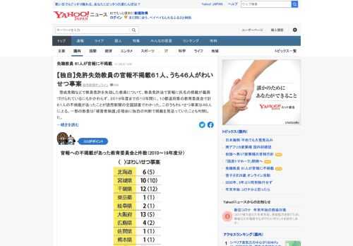 懲戒免職などで教員免許を失効した教員について、教員免許法で官報に氏名の掲載が義務づけられているにもかかわらず、2019年度までの10年間に、10都道府県の教育委員会で計61人の不掲載があったことが読売新聞の全国調査でわかった。