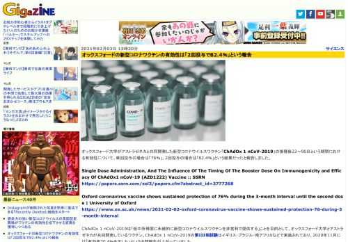 オックスフォード大学がアストラゼネカと共同開発した新型コロナウイルスワクチン「ChAdOx 1 nCoV-2019」の接種後22～90日という期間における有効性について、単回投与の場合は「76％」、2回投与の場合は「82.4％」という結果だったと報告しました。