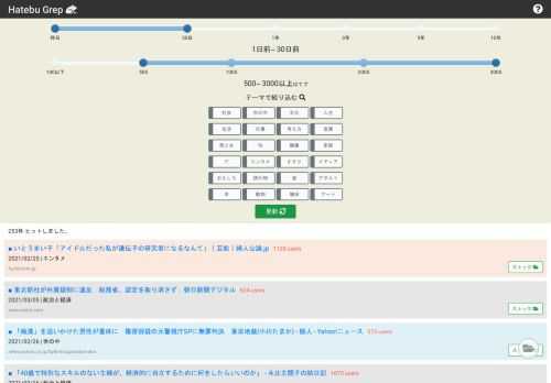 話題の記事を期間・はてブ数・カテゴリなどから検索できるWebサービスです。
