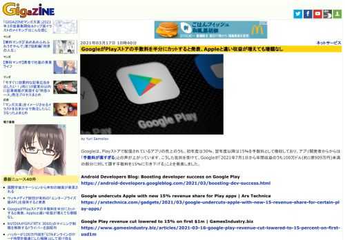 Googleは、Playストアで配信されているアプリの売上のうち、初年度は30％、翌年度以降は15％を手数料として徴収しており、アプリ開発者からからは「手数料が高すぎる」との声が上がっています。こうした批判を受けて、Googleが「2021年7月1日から年間収益のうち100万ドル(約1億909万円)未満の部分に対して課す手数料を15％に引き下げる」ことを発表しました。