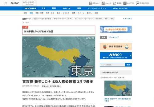 【NHK】東京都は24日午後3時時点の速報値で、今月に入って最も多い420人が、都内で新たに新型コロナウイルスに感染していることを…