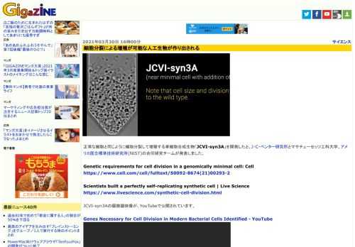 正常な細胞と同じように細胞分裂して増殖する単細胞合成生物「JCVI-syn3A」を開発したと、J・C・ベンター研究所とマサチューセッツ工科大学、アメリカ国立標準技術研究所(NIST)の合同研究チームが発表しました。