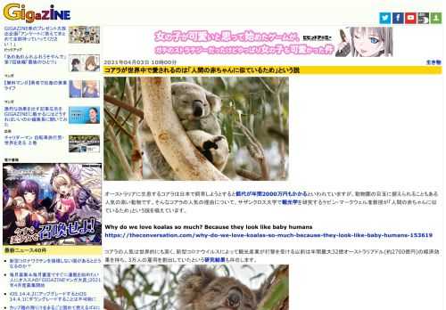 オーストラリアに生息するコアラは日本で飼育しようとすると餌代が年間2000万円もかかるといわれていますが、動物園の目玉に据えられることもある人気の高い動物です。そんなコアラの人気の理由について、サザンクロス大学で観光学を研究するケビン・マークウェル准教授が「人間の赤ちゃんに似ているため」という説を唱えています。