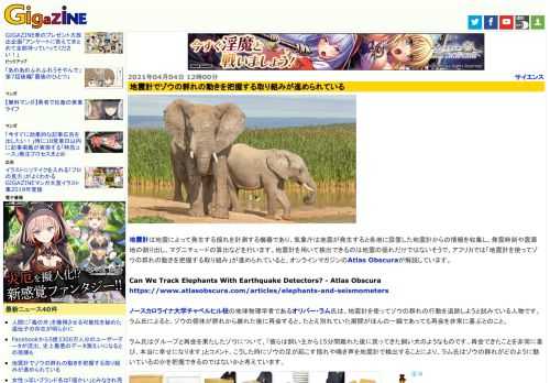 地震計は地震によって発生する揺れを計測する機器であり、気象庁は地震が発生すると各地に設置した地震計からの情報を収集し、発震時刻や震源地の割り出し、マグニチュードの算出などを行います。地震計を用いて検出できるのは地震の揺れだけではないそうで、アフリカでは「地震計を使ってゾウの群れの動きを把握する取り組み」が進められていると、オンラインマガジンのAtlas Obscuraが解説しています。