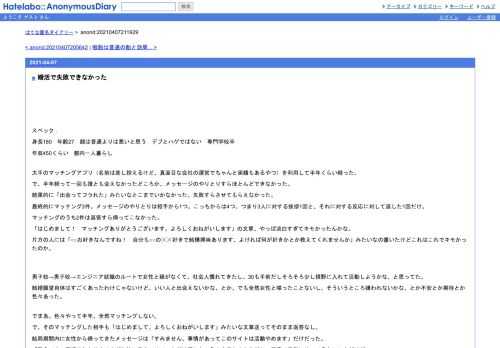 スペック：身長180　年齢27　顔は普通よりは悪いと思う　デブとハゲではない　専門学校卒年収450くらい　都内一人暮らし大手のマッチングアプリ（…