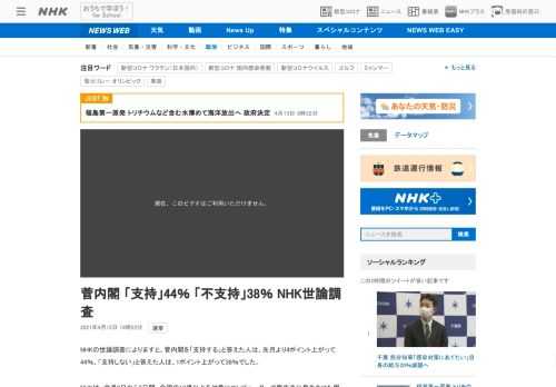 【NHK】NHKの世論調査によりますと、菅内閣を「支持する」と答えた人は、先月より4ポイント上がって44％、「支持しない」と答えた…
