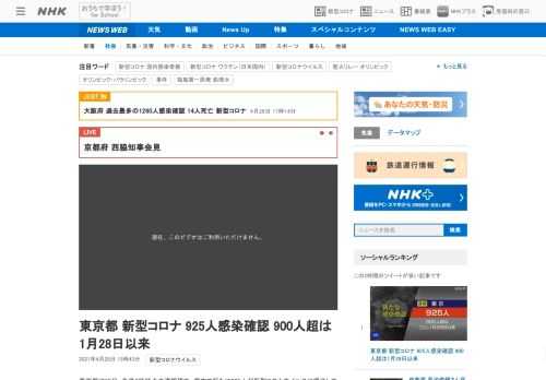 【NHK】東京都は28日、午後3時時点の速報値で、都内で新たに925人が新型コロナウイルスに感染していることを確認したと発表しまし…