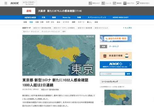 【NHK】東京都は、9日午後3時時点の速報値で、都内で新たに1032人が新型コロナウイルスに感染していることを確認したと発表しまし…
