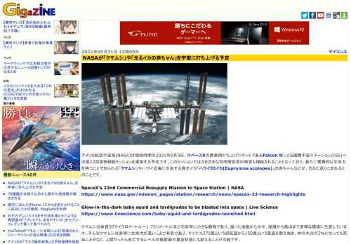 アメリカ航空宇宙局(NASA)は現地時間の2021年6月3日、スペースXの商業用打ち上げロケットであるFalcon 9による国際宇宙ステーション(ISS)への第22回貨物補給ミッションを実施する予定です。このミッションではさまざまな科学研究用の物資も補給されることとなっており、新たに驚異的な生命力を持つことで知られる「クマムシ」やハワイ近海に生息する発光イカ「ハワイミミイカ(Euprymna scolopes)」の赤ちゃんなどが、ISSに送りこまれるとのことです。