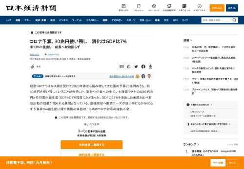 新型コロナウイルス禍を受けて2020年春から積み増してきた国の予算73兆円のうち、約30兆円を使い残していることが判明した。家計や企業への支払いを確認できたのは約35兆円と名目国内総生産（GDP）の7%程度にとどまった。GDPの13%を支出した米国と比べ財政出動の効果が限られる展開となっている。危機脱却へ財政ニーズが強い時にもかかわらず予算枠の4割を使い残す異例の事態は、日本のコロナ対応の機能不