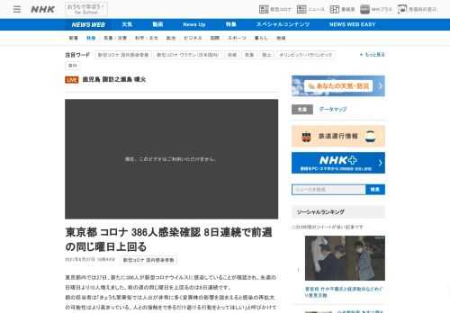 【NHK】東京都内では27日、新たに386人が新型コロナウイルスに感染していることが確認され、先週の日曜日より10人増えました。前…