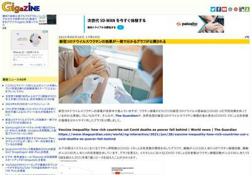 新型コロナウイルスワクチンの接種が世界中で進んでいますが、ワクチン接種がどれだけの新型コロナウイルス感染症(COVID-19)予防効果を持っているのかは実感しづらいものです。そんな中、The Guardianが、世界各国の新型コロナウイルスワクチン接種の進み具合とCOVID-19による死者数の推移を分かりやすく示したグラフを公開しました。