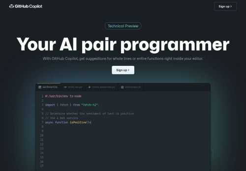 GitHub Copilot works alongside you directly in your editor, suggesting whole lines or entire functions for you.