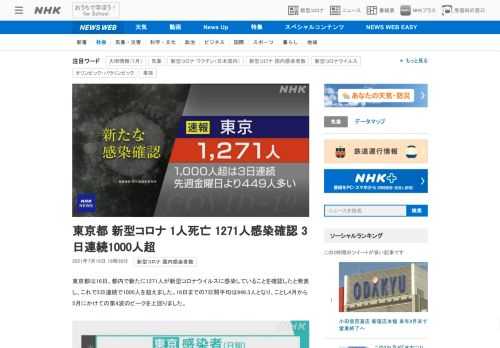 【NHK】東京都は16日、都内で新たに1271人が新型コロナウイルスに感染していることを確認したと発表し、これで3日連続で1000…