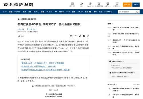 新型コロナウイルスに関する4回目の緊急事態宣言が発令中の東京都で、都の要請に従わずに午後8時以降も営業する店舗が増えている。日本経済新聞が新宿などの個人飲食店500店を調べたところ5割超の店舗が時短営業していなかった。時短協力金の支給の遅れなどが店主らの離反を招き、緊急事態宣言の実効性が薄れている。日本経済新聞の記者が緊急事態宣言が発令された後の16日と19日に、新宿、渋谷、池袋、新橋、上野の