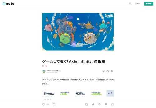  2021年のビットコインの最高値である約700万円から、現在は半値程度にまで落ちました。    2017年12月の最高値から2、3年は下落相場が続き「暗号通貨の冬の時代（クリプト・ウィンター）」と呼ばれましたが、再び「冬の時代」がやってきたのでしょうか？   そんな向かい風を一気に吹き飛ばしたのがNFTゲーム「Axie Infinity（アクシー・インフィニティ）」です。     アクシーと呼ばれるファンタジー上の生物を集め、育て、繁殖させ、そしてバトルする、いってみればポケモンのようなNFTゲームですが、ありえないぐらいのスピードで収益が急拡大しています。勢いがスゴすぎて、もはや意