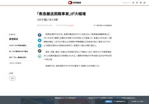 総務省消防庁は27日、患者の搬送先がすぐに決まらない「救急搬送困難事案」が、19～25日の1週間に全...