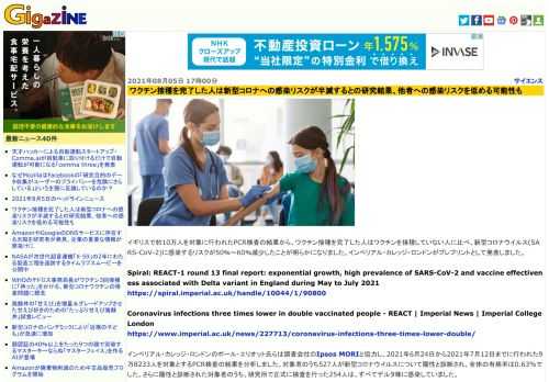 イギリスで約10万人を対象に行われたPCR検査の結果から、ワクチン接種を完了した人はワクチンを接種していない人に比べ、新型コロナウイルス(SARS-CoV-2)に感染するリスクが50％～60％減少したことが明らかになりました。インペリアル・カレッジ・ロンドンがプレプリントとして発表しました。