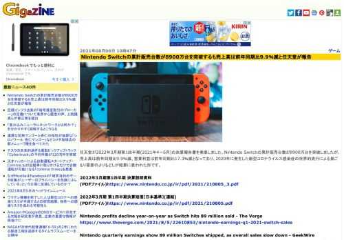 任天堂が2022年3月期第1四半期(2021年4～6月)の決算報告書を発表しました。Nintendo Switchの累計販売台数が8900万台を突破しましたが、売上高は前年同期比9.9％減、営業利益は前年同期比17.3％減となっており、2020年に発生した新型コロナウイルス感染症の世界的流行による巣ごもり需要のよりもどしが結果に表われた形です。