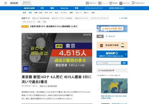 【NHK】東京都内では6日、1日の発表としてはこれまでで2番目に多い4515人が新型コロナウイルスに感染していることが確認されまし…