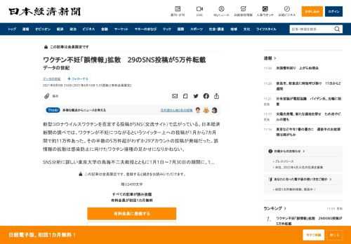 新型コロナウイルスワクチンを否定する投稿がSNS（交流サイト）で広がっている。日本経済新聞の調べでは、ワクチンが不妊につながるというツイッター上への投稿が1月から7カ月間で約11万件あった。その半数の5万件超がわずか29アカウントの投稿が発端だった。誤情報の拡散は感染防止に向けたワクチン接種の足かせになりかねない。SNS分析に詳しい東京大学の鳥海不二夫教授とともに1月1日～7月30日の期間に、