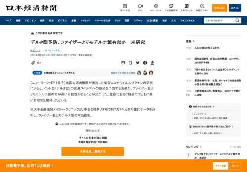 【ニューヨーク=野村優子】米国の医療機関が実施した新型コロナウイルスワクチンの研究によると、インド型（デルタ型）の変異ウイルスへの感染を予防する効果が、ファイザー製よりもモデルナ製の方が高い可能性があることが分かった。重症化を防ぐ観点ではともに高い有効性を維持したという。米大手医療機関メイヨー・クリニックが、中西部ミネソタ州で約7万7千人を対象にデータを分析し、ファイザー製とモデルナ製の有効性