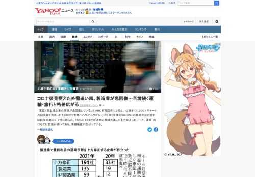 東証1部上場企業の業績が急回復している。SMBC日興証券によると、12日までに2021年4〜6月期決算を発表した1280社のうち、15%の194社が通期の業績見通しを上方修正した。一方、運輸・旅行などは苦境が続いており、業績格差が広がる。