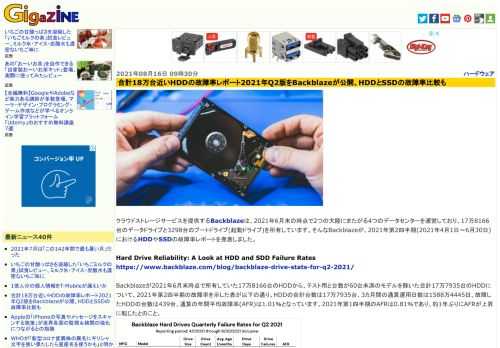 クラウドストレージサービスを提供するBackblazeは、2021年6月末の時点で2つの大陸にまたがる4つのデータセンターを運営しており、17万8166台のデータドライブと3298台のブートドライブ(起動ドライブ)を所有しています。そんなBackblazeが、2021年第2四半期(2021年4月1日～6月30日)におけるHDDやSSDの故障率レポートを発表しました。