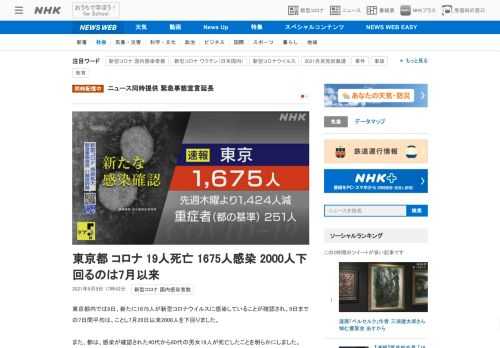 【NHK】東京都内では9日、新たに1675人が新型コロナウイルスに感染していることが確認され、9日までの7日間平均は、ことし7月2…