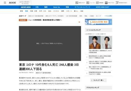 【NHK】東京都内では28日、新たに248人が新型コロナウイルスに感染していることが確認され3日連続で300人を下回りました。また…