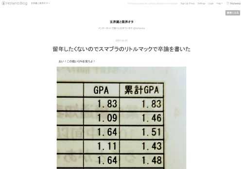 おい！この酷いGPAを見ろよ！ 1.00を切ると「お前もう大学辞めろよ」と言うためだけの面談をされる マジで酷すぎる。このままでは卒業の危機である。 というわけで教授にお願いしにいくことにした。 この教授、ぼくの落とした単位の大半を握っている上、なんとぼくの所属しているゼミのボスでもある。飄々としているくせしてやたら授業態度や提出物の締め切りにこだわるので、授業を如何にやり過ごすかに熱意を注ぐこちらとしてはいい迷惑なのだ。 教授室のドアに強めのノックを二回叩き込む。「ここはトイレじゃないぞ」 中から入室の許可が出たので、ドアを蹴破るように開けて言い放った。「すみません教授、単位はいくらで買えま…