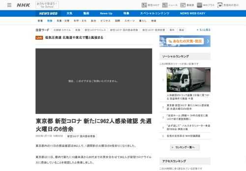 【NHK】東京都内の11日の感染確認は962人で、1週間前の火曜日の6倍余りになりました。