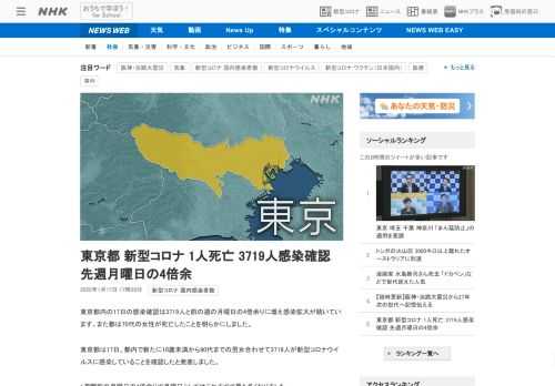【NHK】東京都内の17日の感染確認は3719人と前の週の月曜日の4倍余りに増え感染拡大が続いています。また都は70代の女性が死亡…