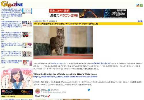 アメリカの政権中枢であるホワイトハウスには、大統領とその家族が暮らす公邸のエグゼクティブ・レジデンスがあります。第46代アメリカ合衆国大統領であるジョー・バイデン氏とその家族もエグゼクティブ・レジデンスで生活を送っているのですが、バイデン氏の妻であるファーストレディのジル・バイデン氏が、ネコのウィローがファーストキャットとしてホワイトハウスに引っ越してきたと報告しました。