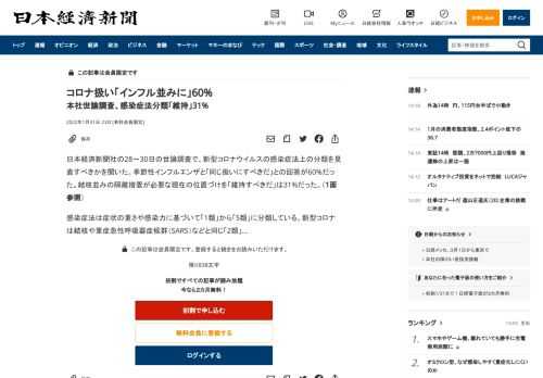 日本経済新聞社の28～30日の世論調査で、新型コロナウイルスの感染症法上の分類を見直すべきかを聞いた。季節性インフルエンザと「同じ扱いにすべきだ」との回答が60%だった。結核並みの隔離措置が必要な現在の位置づけを「維持すべきだ」は31%だった。（1面参照）感染症法は症状の重さや感染力に基づいて「1類」から「5類」に分類している。新型コロナは結核や重症急性呼吸器症候群（SARS）などと同じ「2類