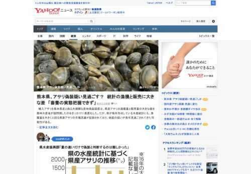 輸入アサリを熊本県産と偽る大規模な産地偽装疑惑。県が毎年作成している水産統計には、漁獲量を大きく上回る県産アサリの市場流通が記録されており、偽装の疑いが長年見過ごされてきた可能性がある。