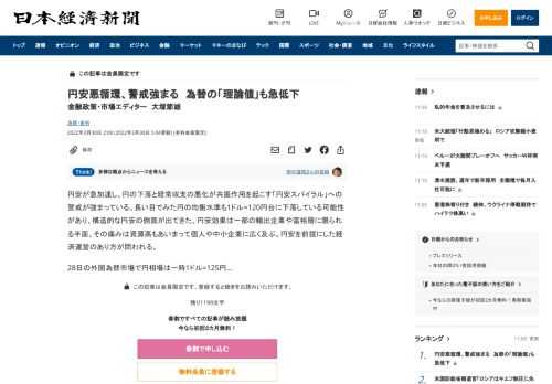 円安が急加速し、円の下落と経常収支の悪化が共振作用を起こす「円安スパイラル」への警戒が強まっている。長い目でみた円の均衡水準も1ドル=120円台に下落している可能性があり、構造的な円安の側面が出てきた。円安効果は一部の輸出企業や富裕層に限られる半面、その痛みは資源高もあいまって個人や中小企業に広く及ぶ。円安を前提にした経済運営のあり方が問われる。28日の外国為替市場で円相場は一時1ドル=125