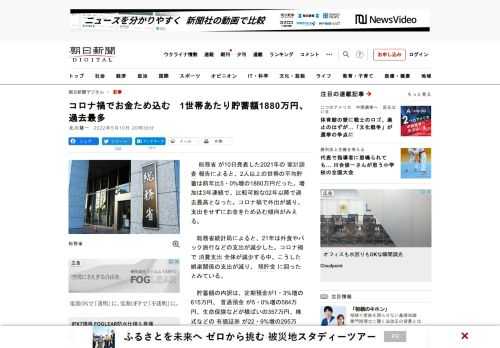 　総務省が10日発表した2021年の家計調査報告によると、2人以上の世帯の平均貯蓄は前年比5・0%増の1880万円だった。増加は3年連続で、比較可能な02年以降で過去最高となった。コロナ禍で外出が減り…