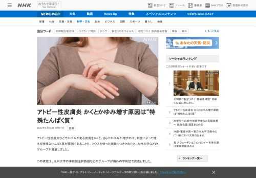 【NHK】アトピー性皮膚炎などでかゆみがある皮膚をかくと、さらにかゆみが増すのは、刺激によって増える特殊なたんぱく質が原因であるこ…